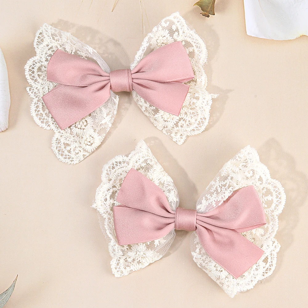 

2 шт., милые розовые заколки для волос с бантом, кружевные заколки с цветочной вышивкой для девочек, детские элегантные корейские головные уборы, аксессуары для волос