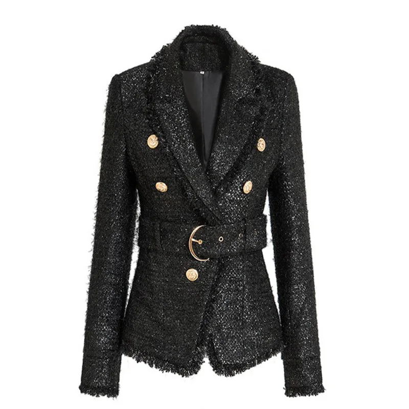 Double-breasted vintage pure black waist-cinching slim commuter suit collar jacket