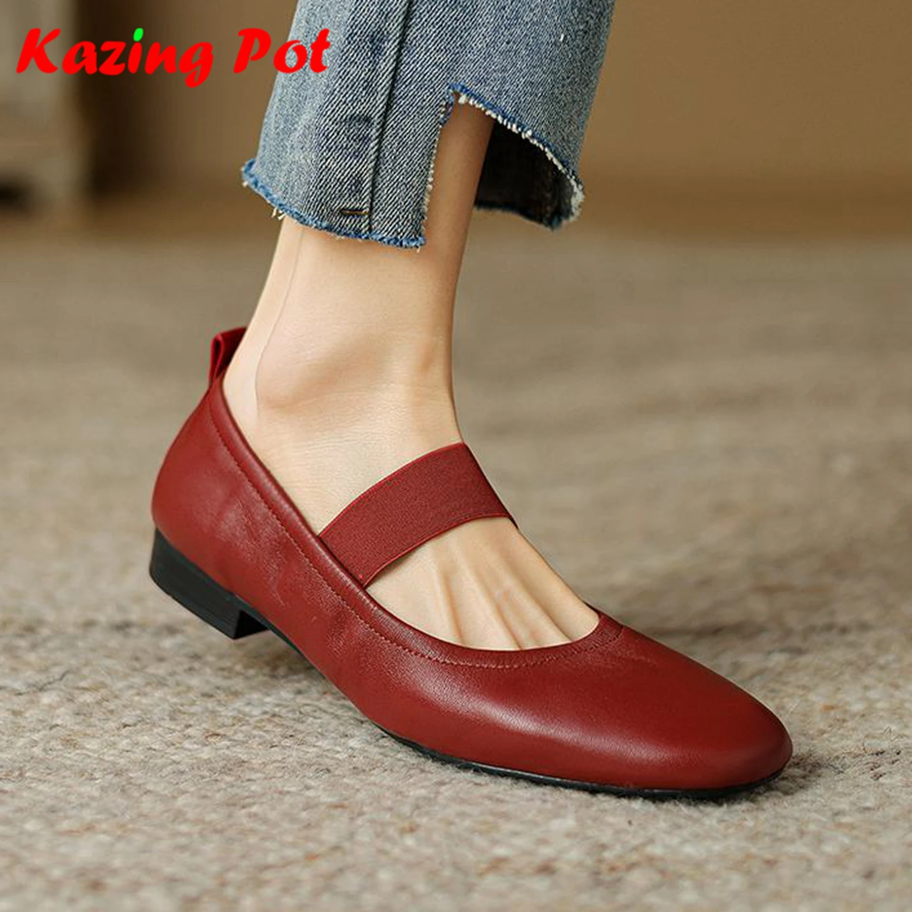 Krazing Pot Sheep Skin Shallow Round Toe Low Heels Vintage European Designer Daily Wear Dress Mary Janes Gladiator Women Pumps