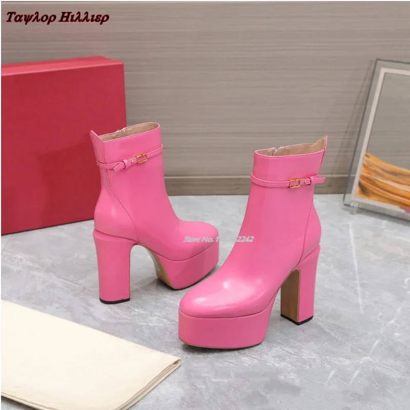 Autumn Waterproof Platform Nude Boots Luxury Round Toe Thick Heel Side Zipper Leather Fashion Designer Ankle Boots Women Winter view 5