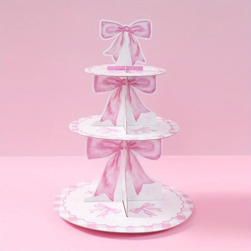 1 Set, Pink Bow Paper Cake Stand, Bow Theme Party 3 Tier Cake Rack, Happy Birthday Party Centerpiece Decorations, Wedding