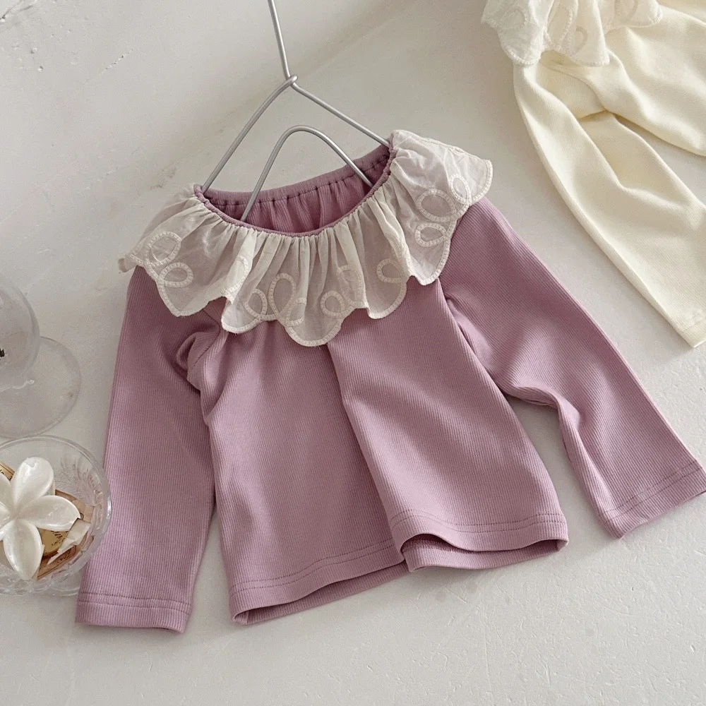 2026 Autumn New Baby Girl Cotton Lace Collar T Shirts Children Long Sleeve Tops Cute Toddler Girl Casual Tops Kids Clothes