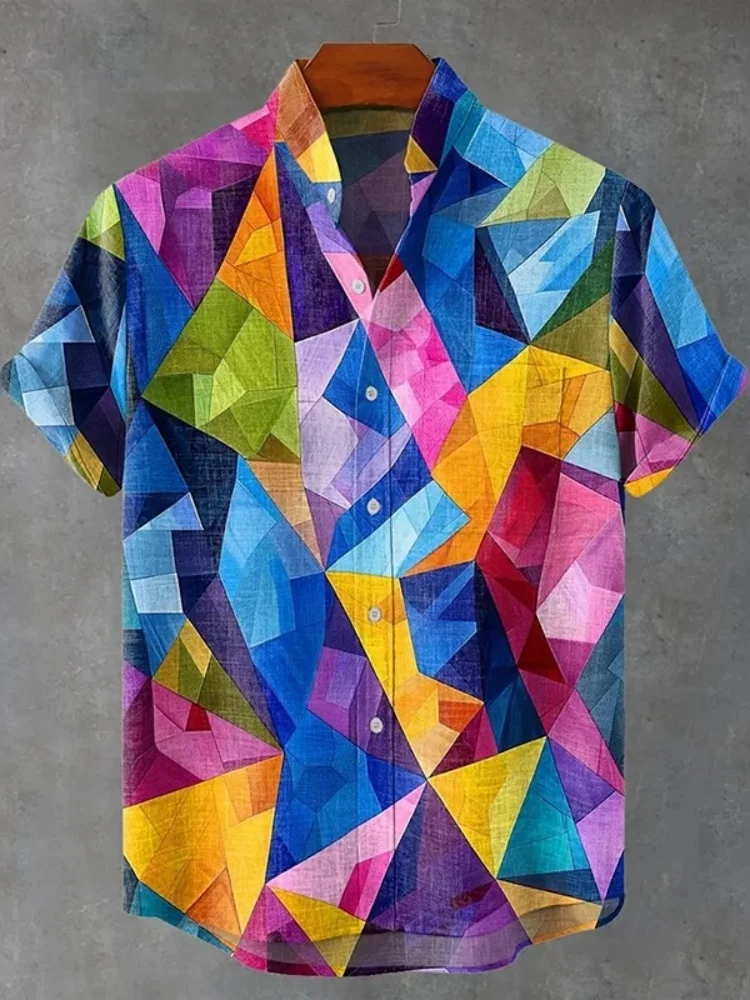 

Men's Irregular Colored Squares Vintage Print Casual Shirt Summer Stand Collar Short Sleeve Button Down Tunics Holiday Blouses