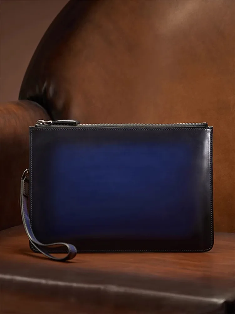 Bolso de mano de cuero genuino con cremallera para hombre, lujosa Bolsa De sobre de alta calidad, Retro, de negocios, marca de lujo