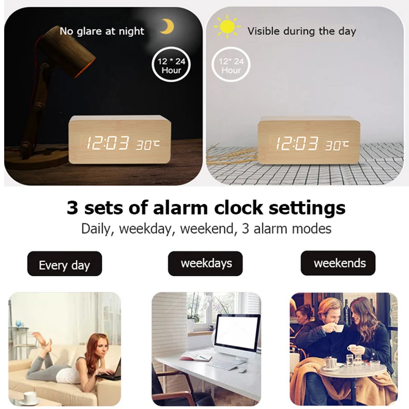 Wooden Digital Alarm Clock with Temperature 4