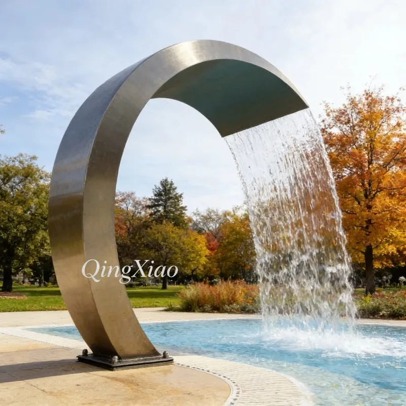 Curved Ring Stainless Steel Illuminated Water Fountain Sculpture Custom Modern Decor Resort Park And Commercial Square Landscape