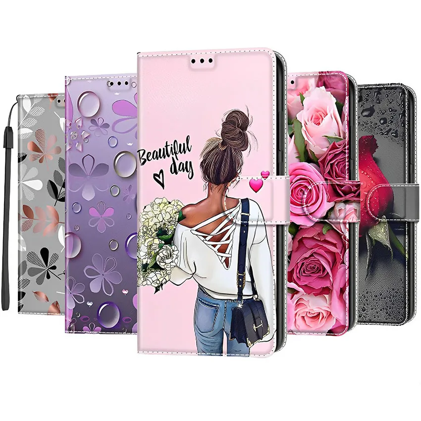 Fashion Girl Flower Rose Case For Redmi 6A 7A 8 9 9A 9T 9C 10 10A 10C A1 POCO X3 NFC X4 M3 M4 X5 Pro 5G Ultra Thin Leather Cover