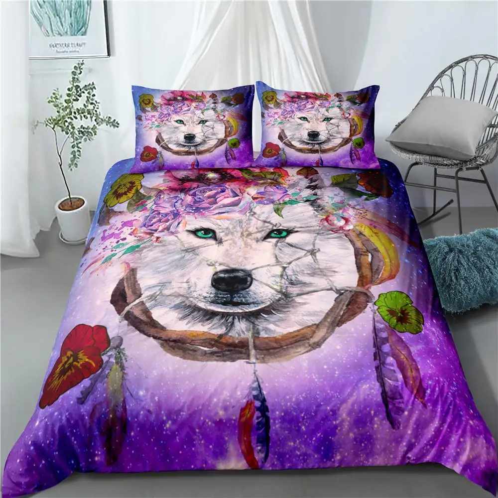 Animal Dream Catcher Duvet Cover Set White Wolf Purple Feather Bedding Set Microfiber 2/3pcs Comforter Cover for Kids Teen Adult