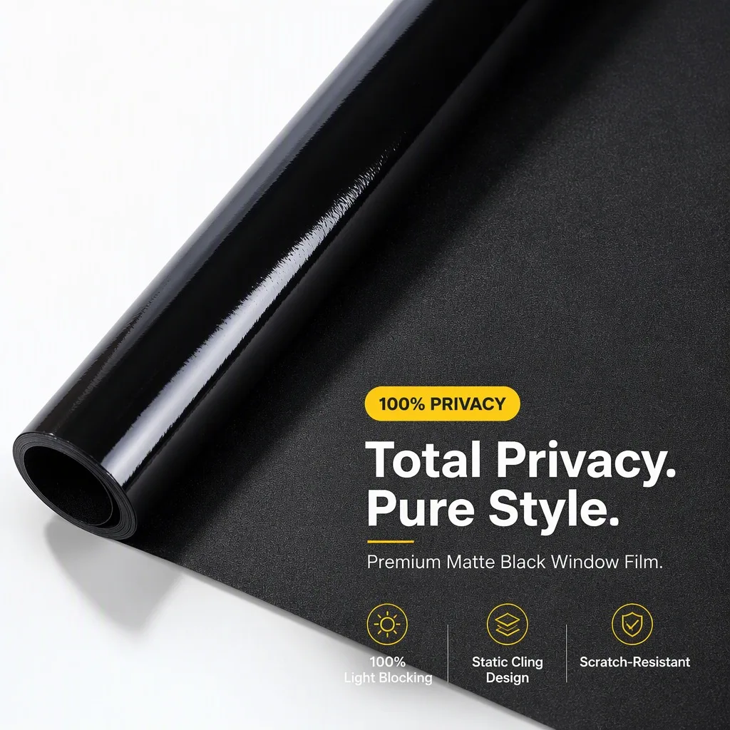 Matte Black Privacy Window Film Static Cling Opaque Blackout Sticker 100% Light Blocking Film for Bathroom Bedroom