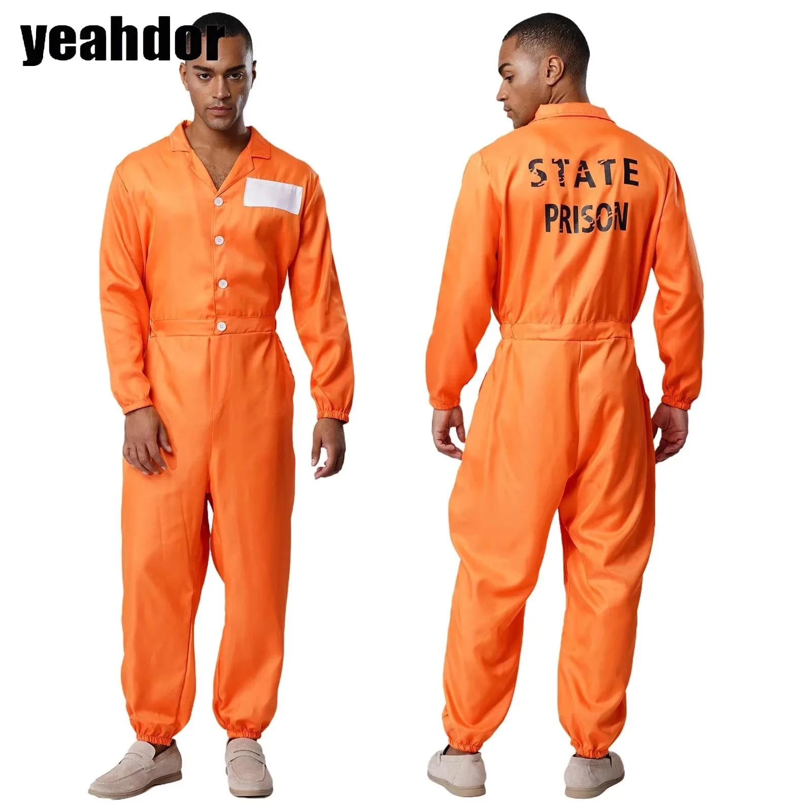

Adult Inmate Costume Halloween Prisoner Cosplay Jumpsuit Lapel Long Sleeve One Piece Unitard Men Orange Prisoner Jail Uniforms