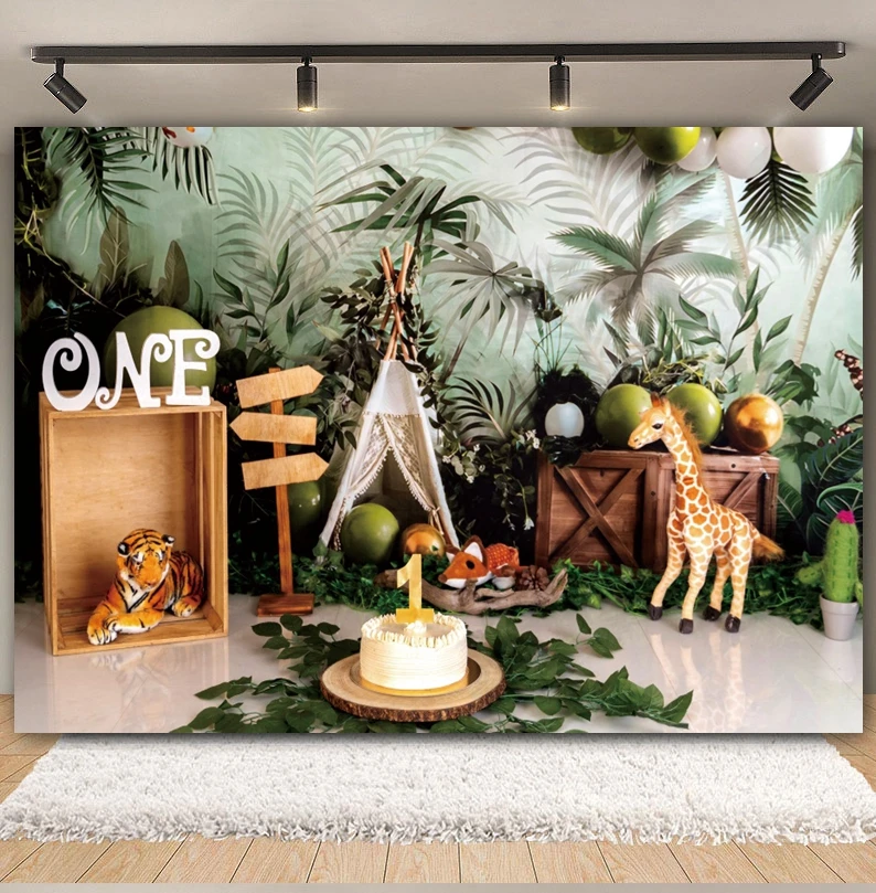 Newborn Baby 1st Birthday Jungle Safari Photography Backdrop Wild One Forest Animals Baby Shower Cake Smash Photo Background