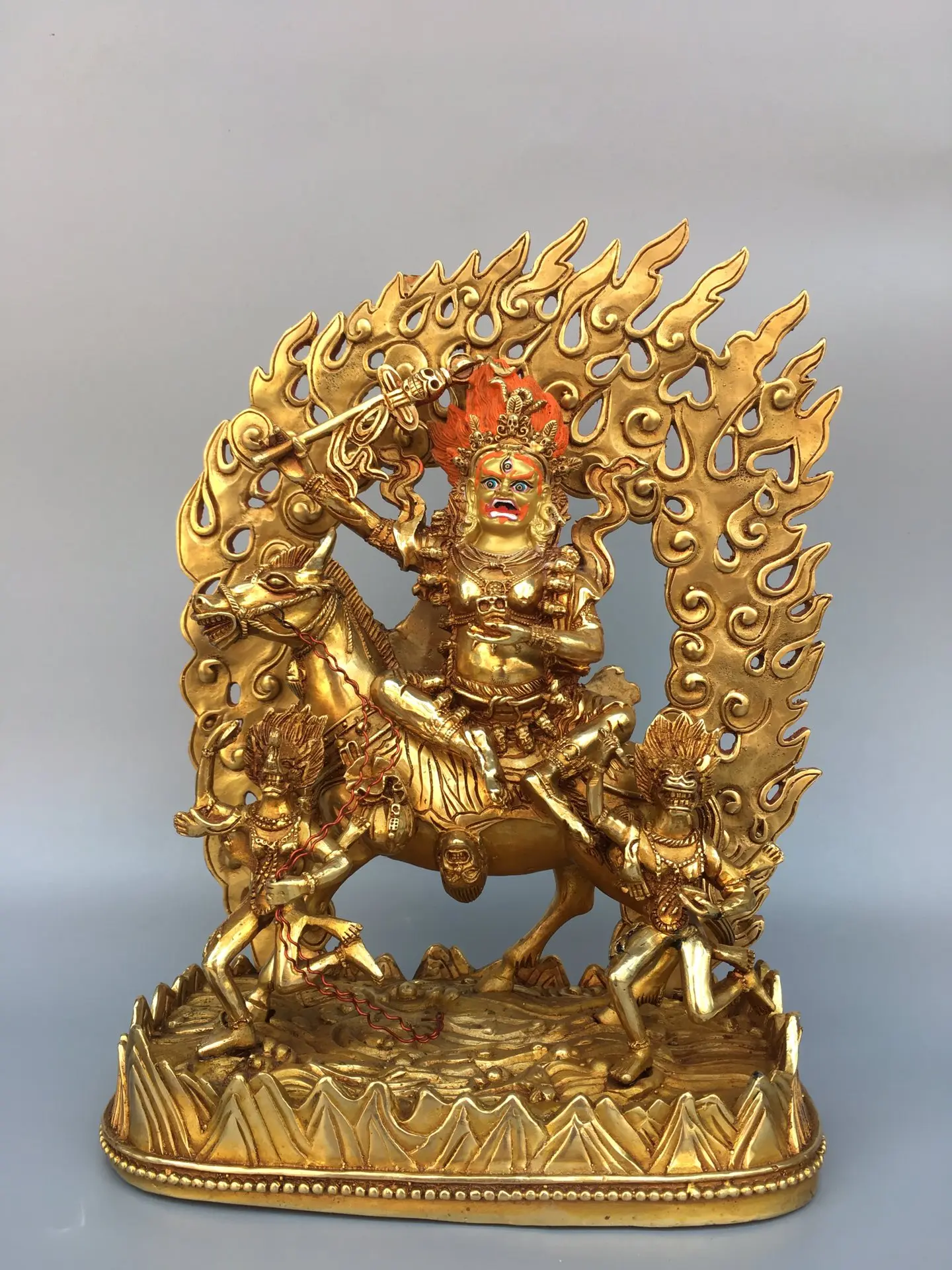 

12"Tibetan Temple Collection Old Bronze Gilt Face painting Palden Lhamo Backlit Tibetan Buddha Worship Hall Town house Exorcism