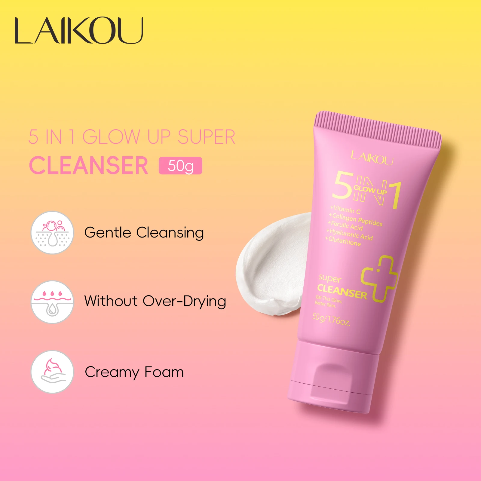 LAIKOU 5 IN 1 Glow Up Facial Cleanser 50g, Gentle Cleansing No Over-Drying Creamy Foam Face Wash With Vitamin C Collagen