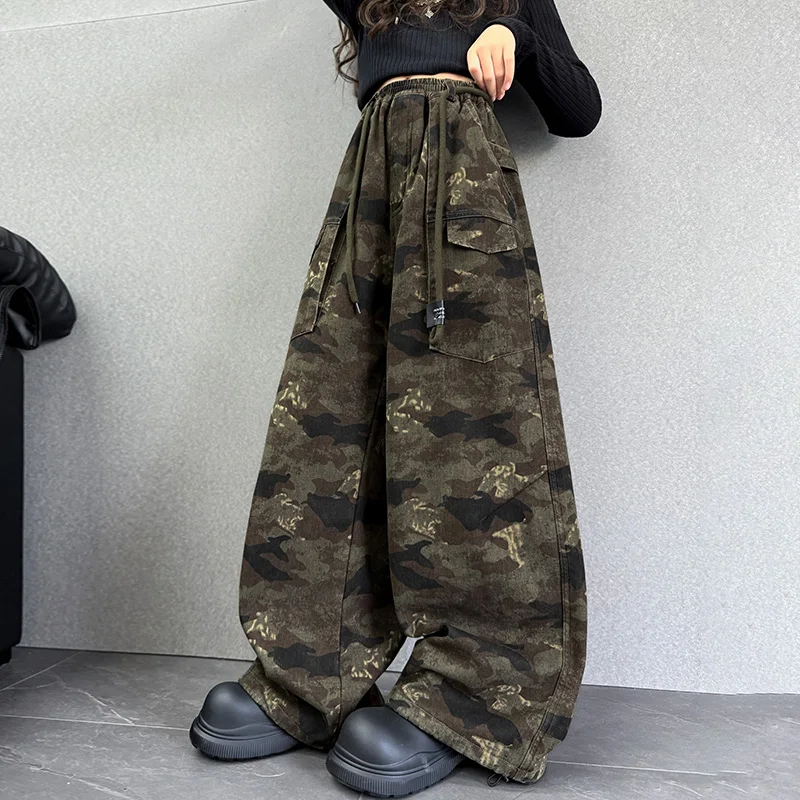 Child Drawstring Camouflage Cargo Pants For Tweens Girl Street Pocket Camo Trousers Teens Kids Straight Camouflage Sweatpants