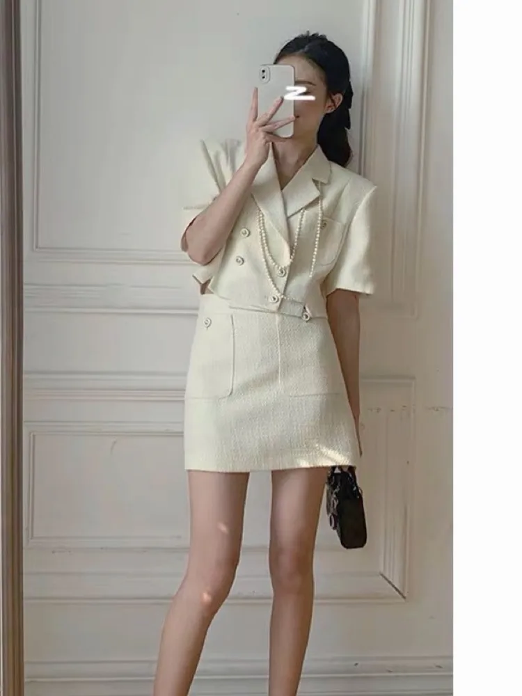 Small Fragrance Suit Female 2022 Summer New Star Temperament Suit Short-Sleeved Jacket + High Waist Hip Wrap Skirt Two-Piece Set