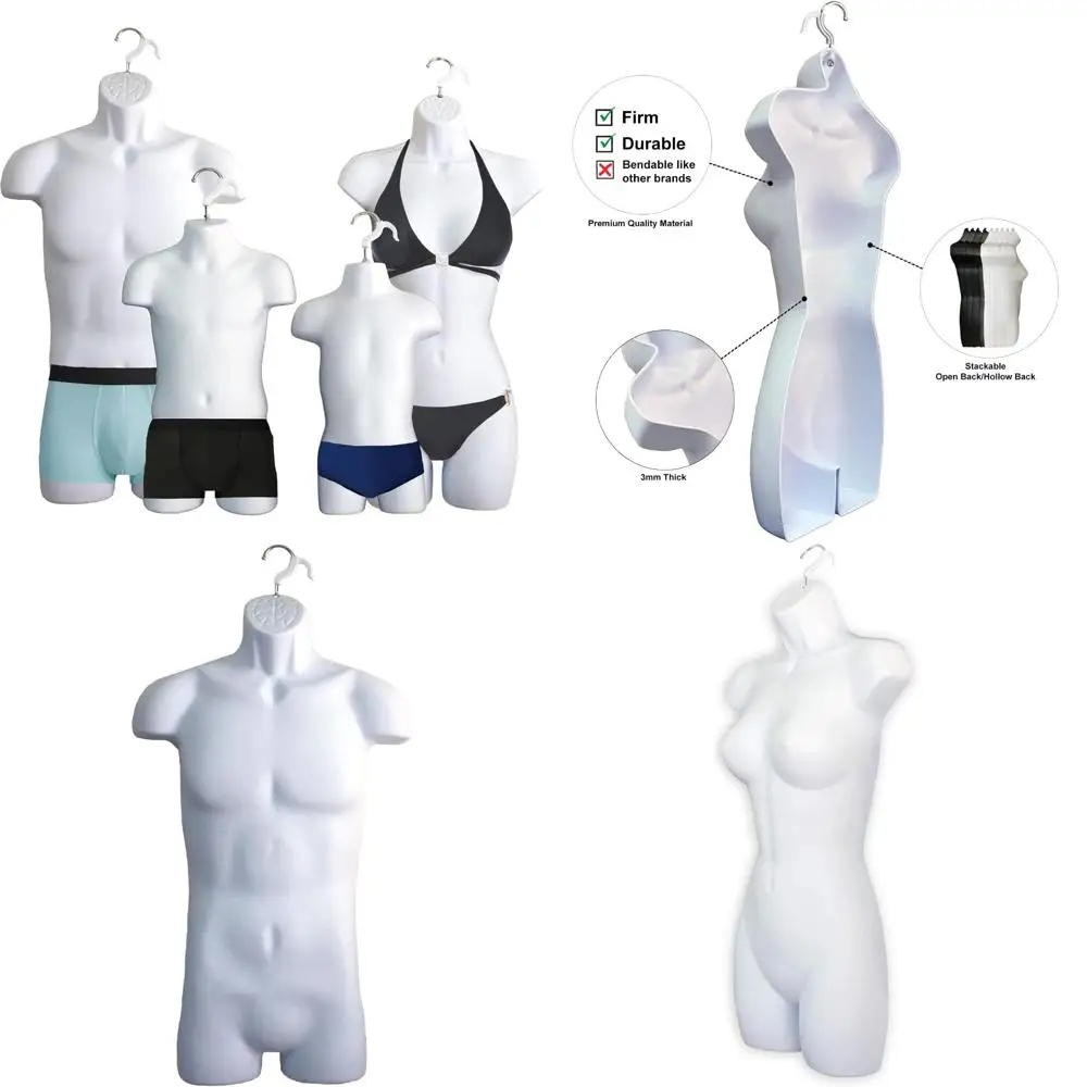 

DisplayTown White 4 Mannequin Forms - Male Female Child & Toddler Torso Hanging Mannequin Set Hollow Back Plastic Body Forms for