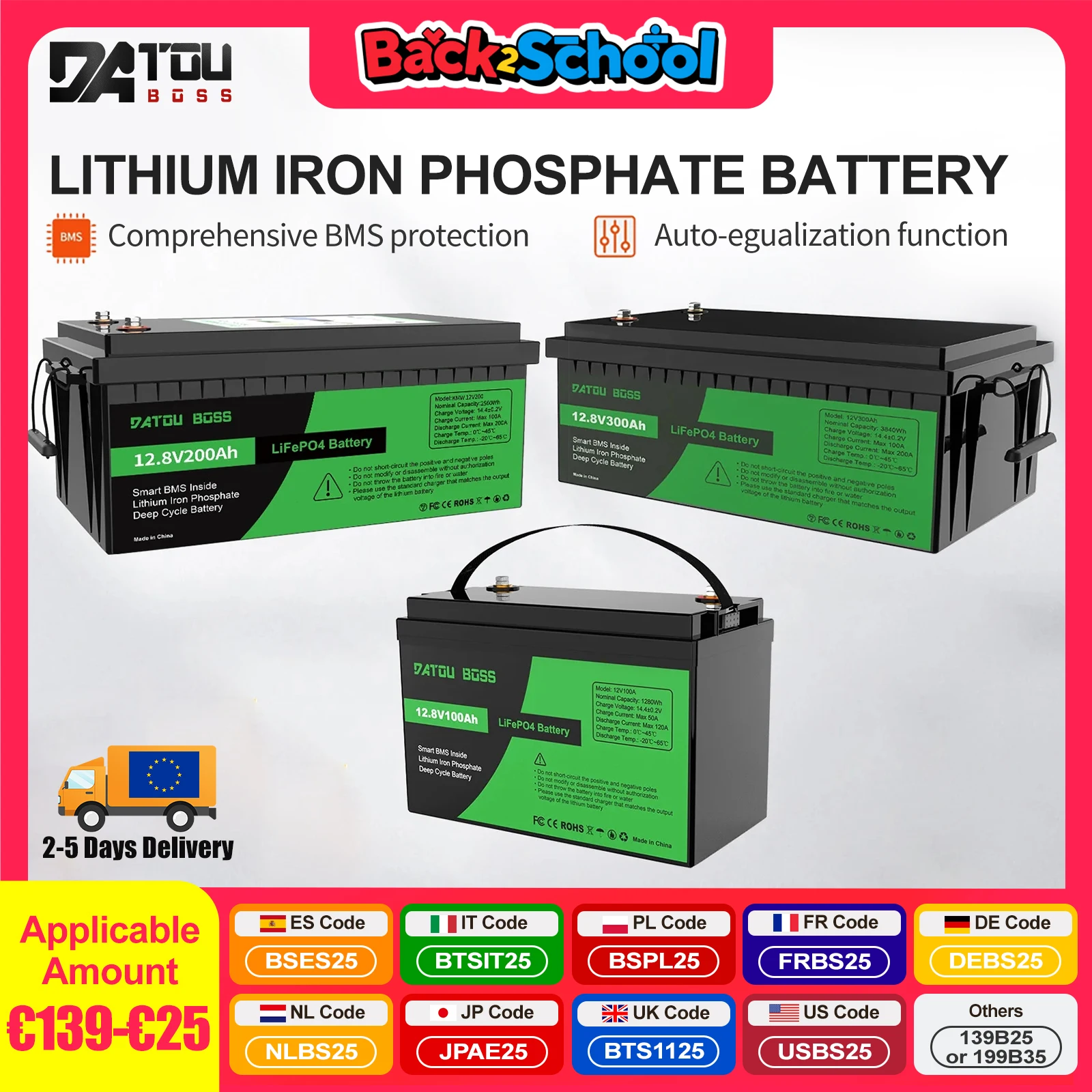 

DATOUBOSS 12V100Ah Deep Cycle Lithium Iron Phosphate Battery Built-in Intelligent BMS For RV Golf Cart Boat Solar System NO TAX