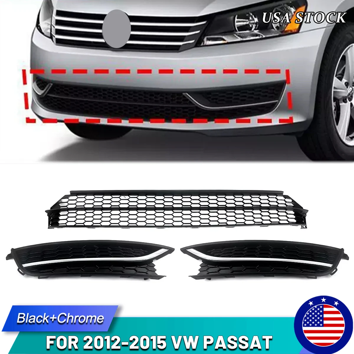

For 2012 2013 2014 2015 VW Passat Front Bumper Radiator Lower Grille & Fog Light Cover Set ABS Car Parts Replace