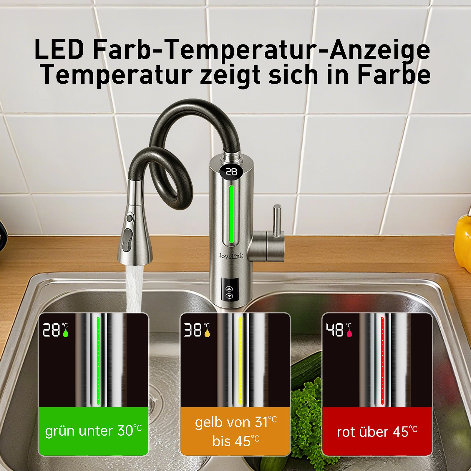 صنبور Lovelink من الفولاذ المقاوم للصدأ مع سخان مياه فوري مع 360 درجة °   خرطوم مرن وعرض درجة الحرارة LED التكيف بالألوان (فضي)