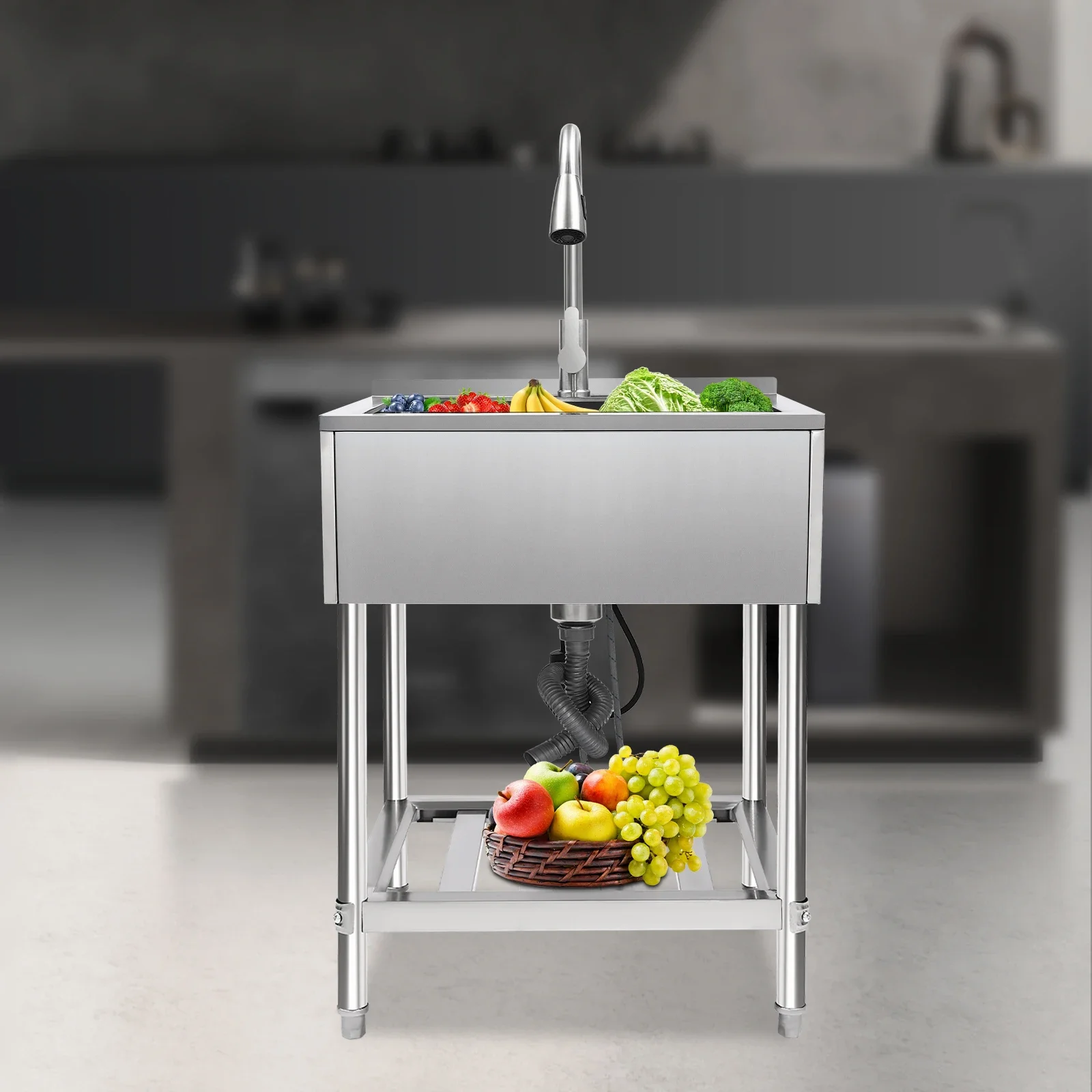 

Раковина для стирки из нержавеющей стали с одной чашей, выдвижным смесителем и подставкой, отдельно стоящая кухонная мойка современного дизайна (грузоподъемность 100 кг)