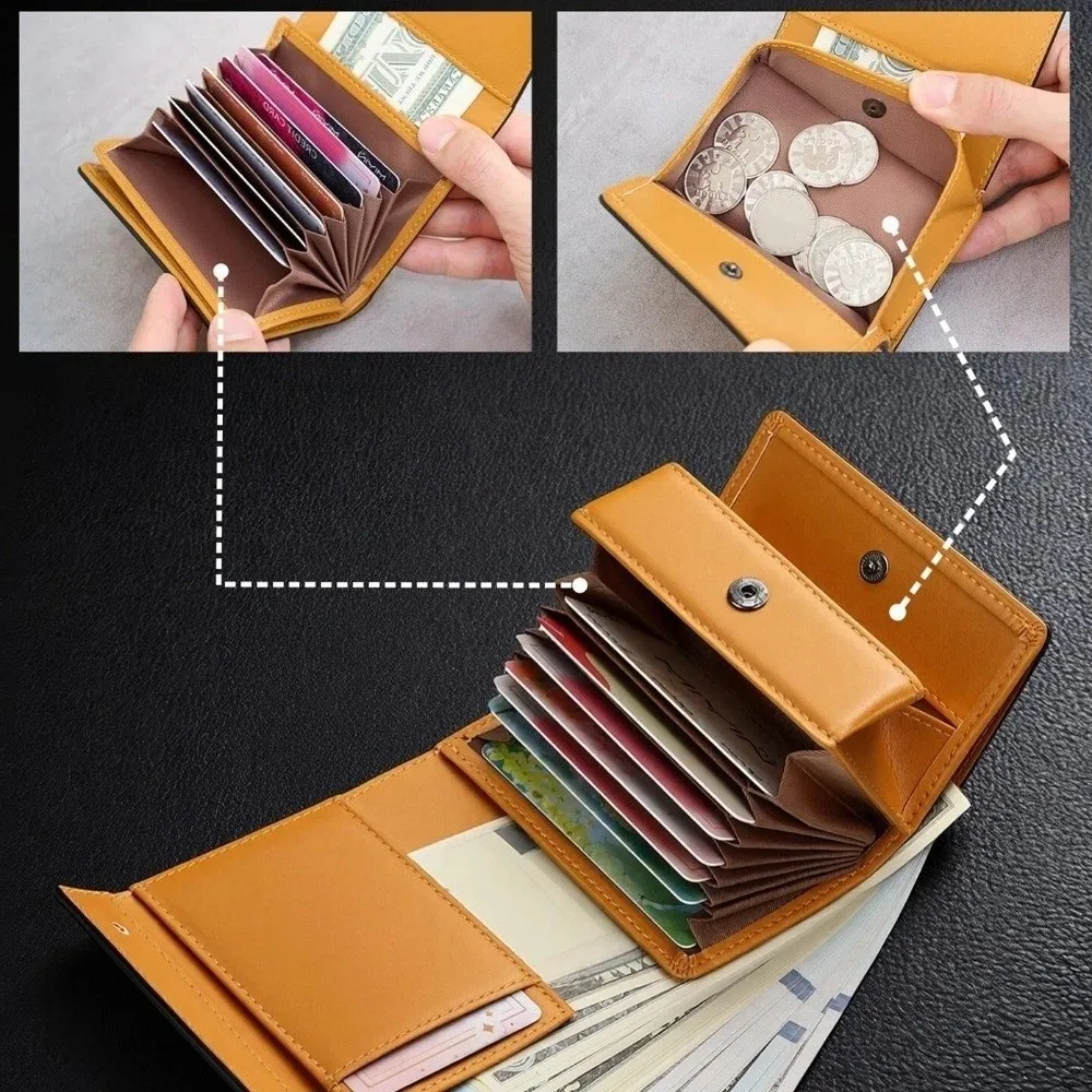 PU Leather Business Short Wallet Ultra-Thin Design Snap Closure Tri-fold Card Holder Multi-slot Design Solid Color Coin Purse
