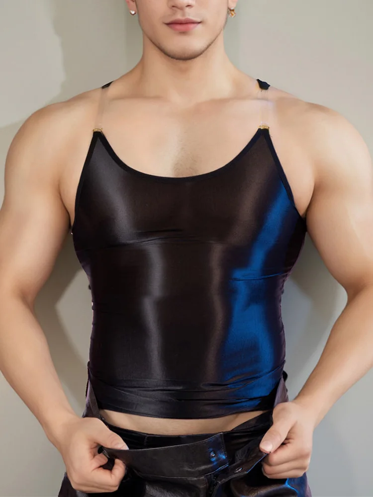 Sexy Men Oil Glossy Shiny Tank Tops Stain Smooth Spaghetti Strap Sheer See Through Fashion Top High Elastic Sleeveless Shirt