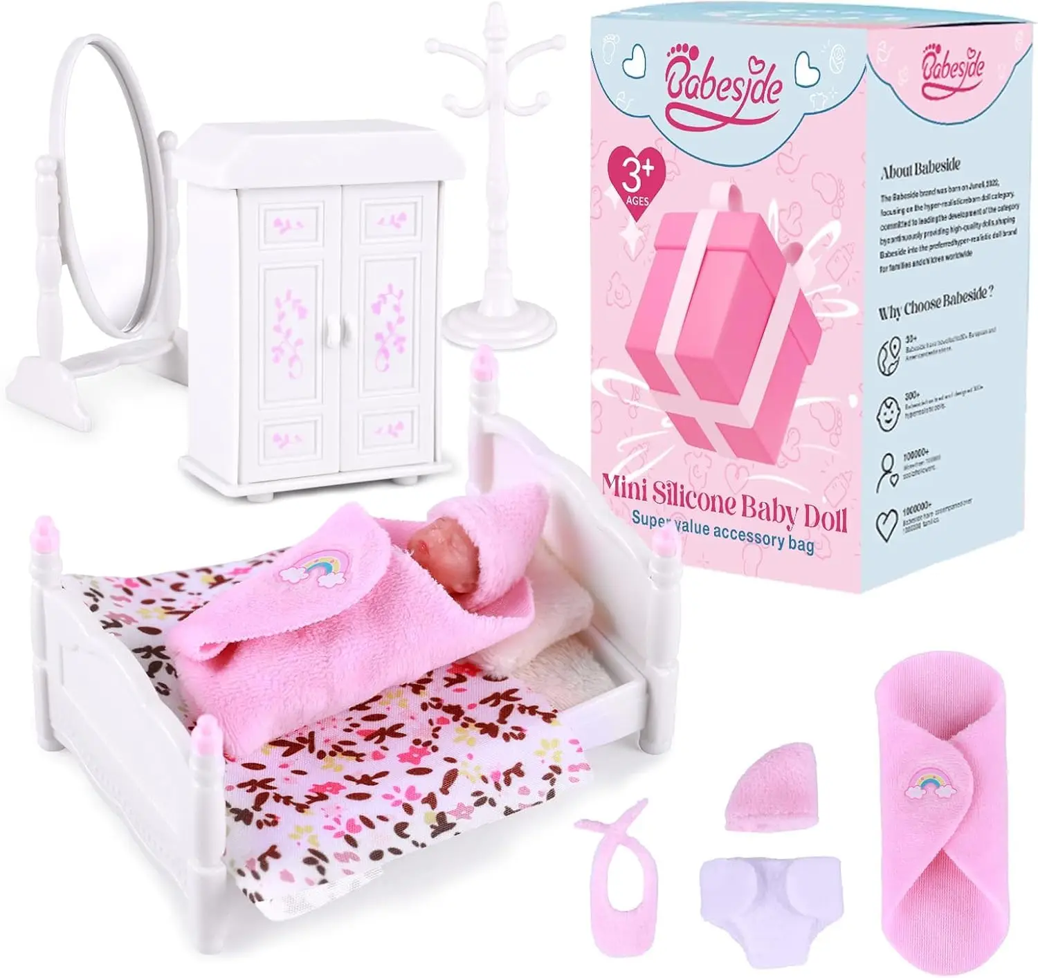 3インチのミニシリコンリボーンベビーガール人形 – リアルな感触とプレイセットアクセサリーを備えた、本物そっくりの眠っている新生児、ピンクのギフト