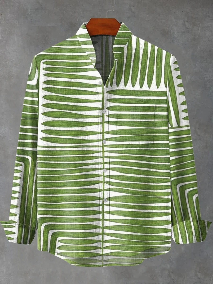 Moslim Kleding Heren Autumn Men's Stand-up Collar Linen Long-sleeved Shirt 3D Art Printed Simple Pattern Top Mens Casual Shirt