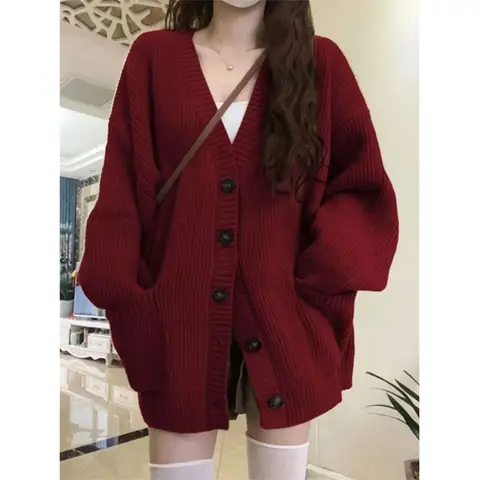 Wine Red Preppy Style Fashion Sweater Coat V-Neck Drop-shoulde Autumn Winter Loose Oversize Long Sleeve Cardigans Knitted Tops