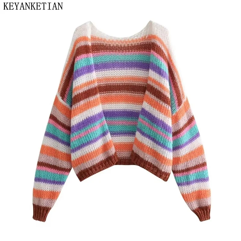 KEYANKETIAN 2024 New Launch Women Rainbow Knitted Cardigan Spring Holiday wind Soft Short Knitwear Female Crop Striped Sweater