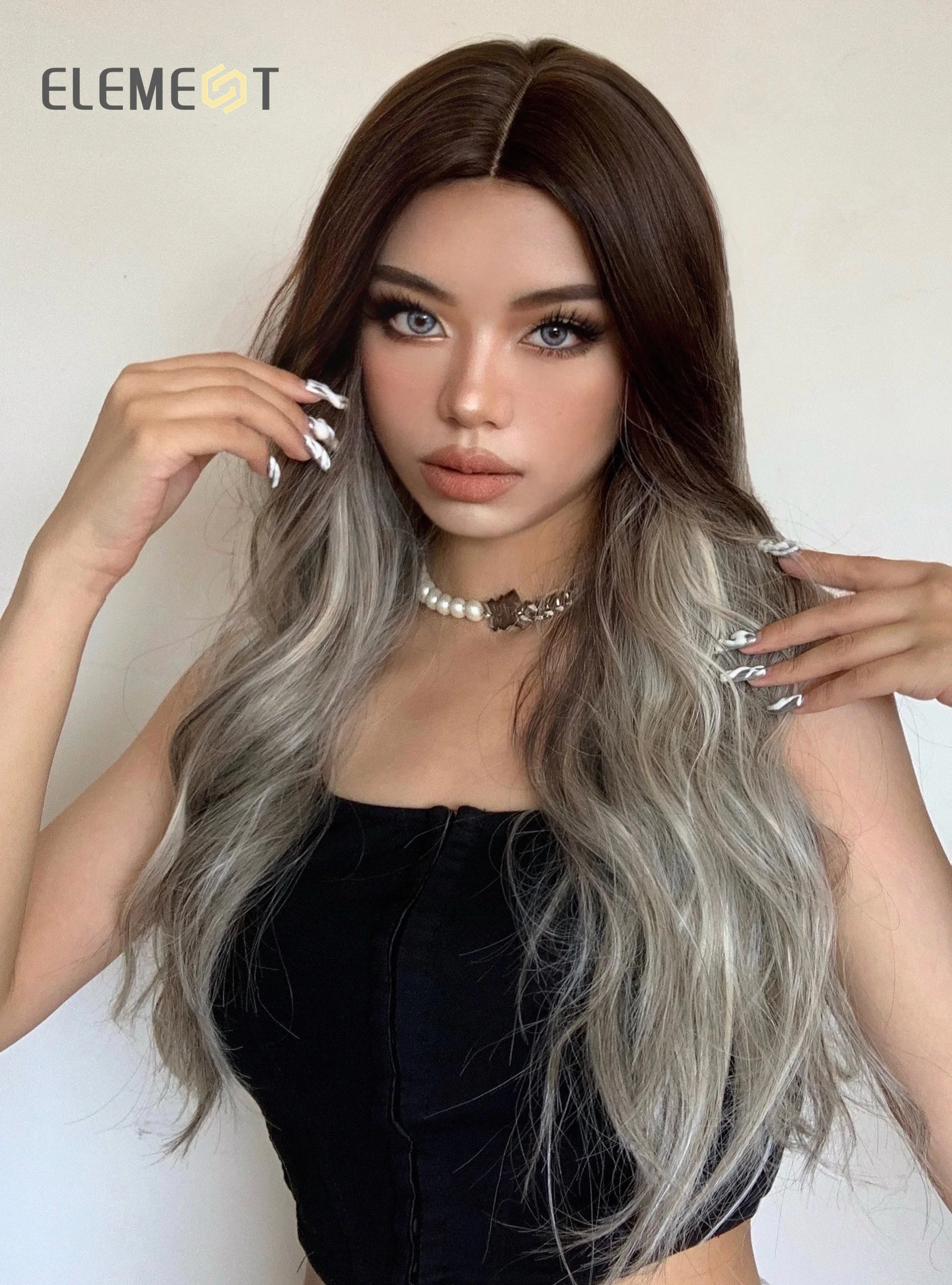 ELEMENT Synthetic Wigs For Women Ombre Brown to Silver Grey Dark Roots Long Wavy Party Daily Use Heat Resistant Fiber Fashion