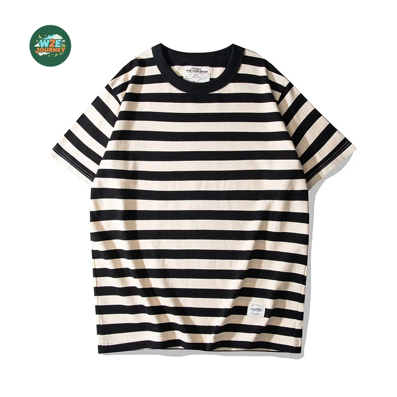 W2EJOURNEY قسط جودة الاتحاد الأوروبي الولايات المتحدة حجم 230 جرام الوزن الثقيل سميكة الجولة الرقبة تي شيرت خمر العمل الرجعية مخطط تي شيرتات قصيرة الاكمام #5