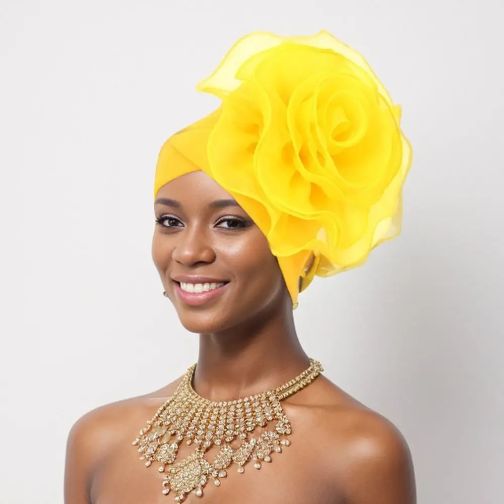 

Exaggerated Large Flower Turban Cap Party Headpiece Solid Color Head Wraps Headwear African Lady Beanie Cap Women