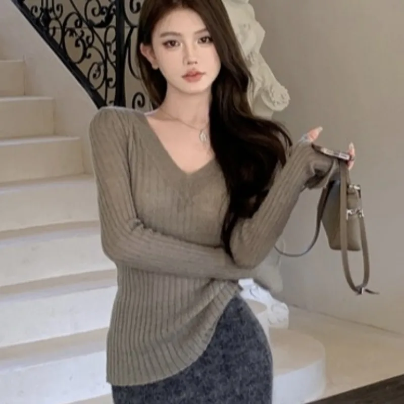 

Ay V-Ne Трикотажный свитер Long Sve Slim Fit Base irt Женский весенне-осенний дизайн Sense Faion Внутренняя одежда Топ