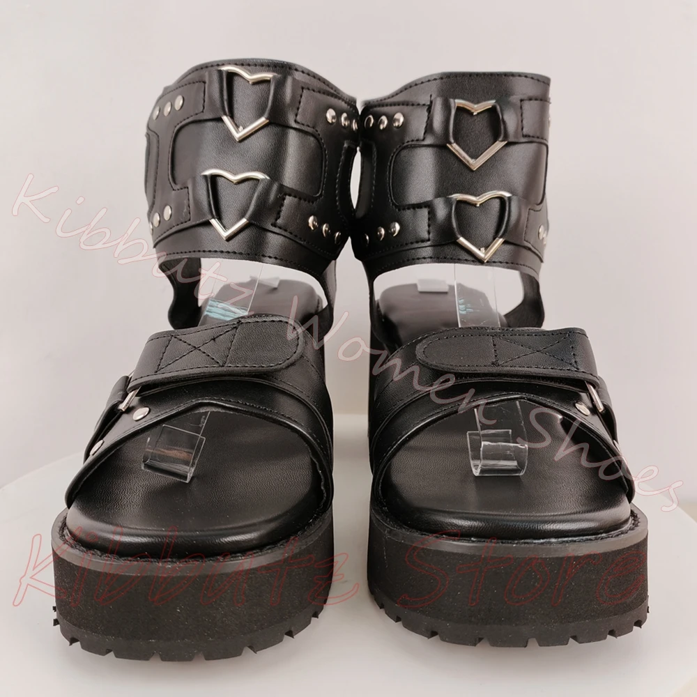 Ankle Cuff Platform Sandals Heart Rivets Metal Stud Open Toe Block Heel Adjustable Straps Punk Goth Women Shoes Leather Fashion