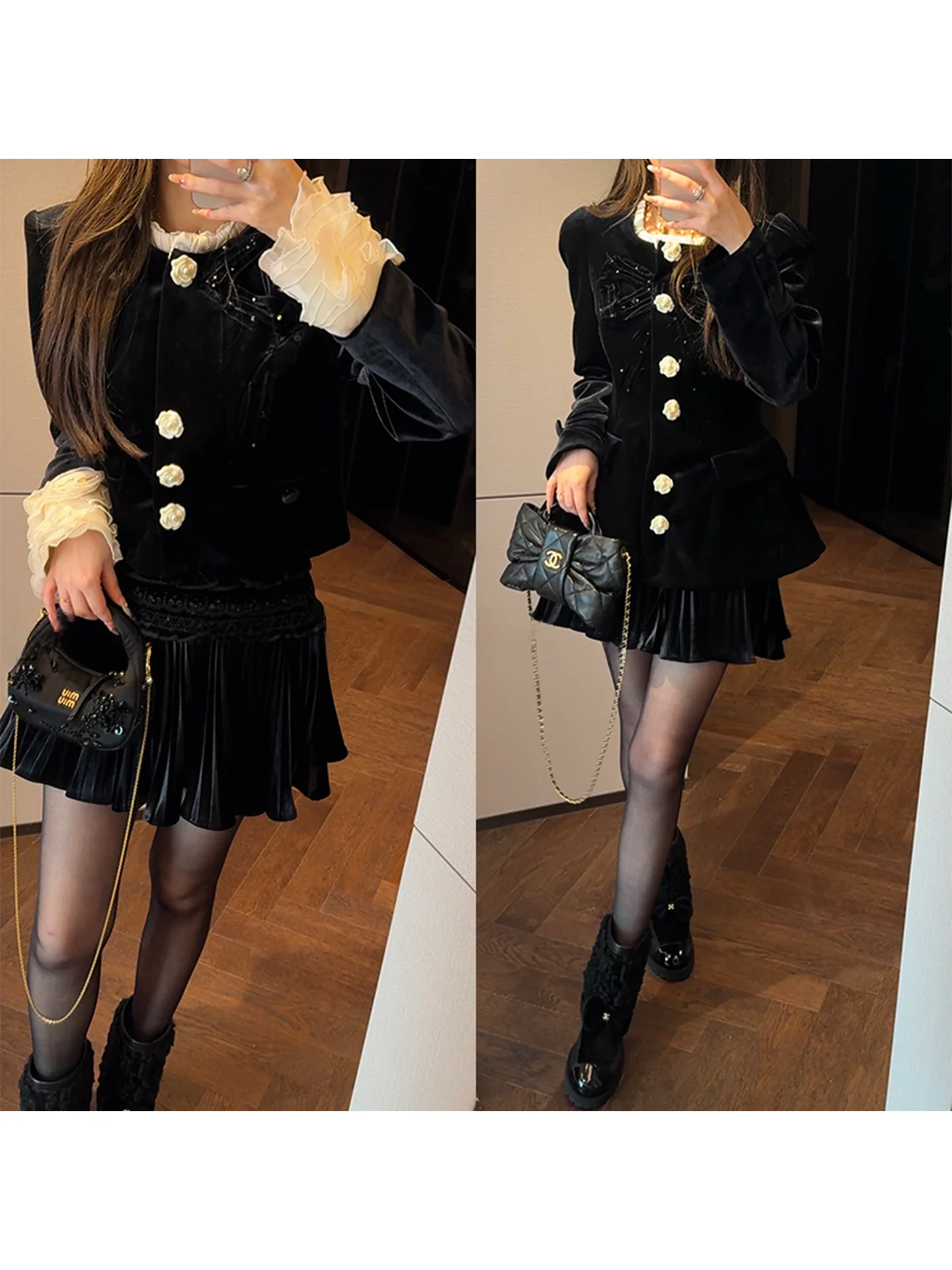 

Handmade Velvet Jaet And Skirt Set with Buttoned Flower Embelliments And Cotton Ele Winter Faion for Women