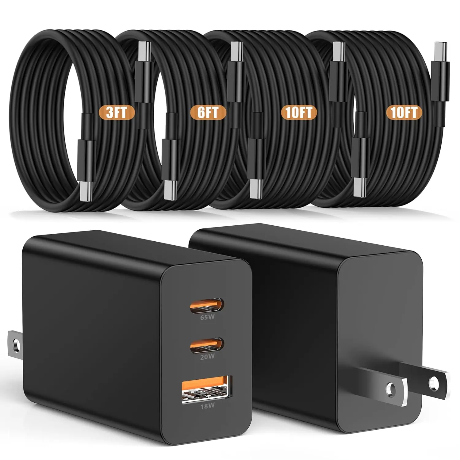 

65-ваттное зарядное устройство GaN с 3 портами и кабелями - универсальная быстрая зарядка PD для телефонов и ноутбуков