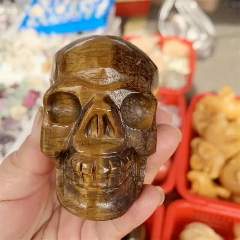 

Natural Yellow Tiger Eye Stone Skull Carving Healing Fengshui Stones Feng Shui Craft Carved For Decor Holiday Gift 1PCS