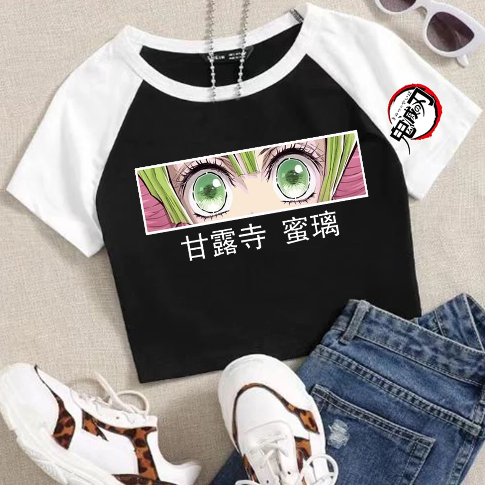 

Demon-Slayer Mitsuri Kanroji Eyes Crop Tops T-Shirt Girls Fashion Women O-Neck Short Sleeve Gift