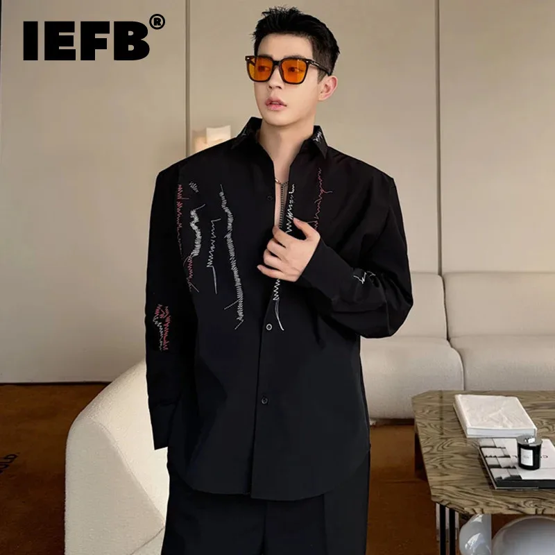

IEFB Men's Shirts Personalized Colored Line Decoration Casual Turn-down Collar Male Long Sleeve Shirt Casual Autumn New 9C4969