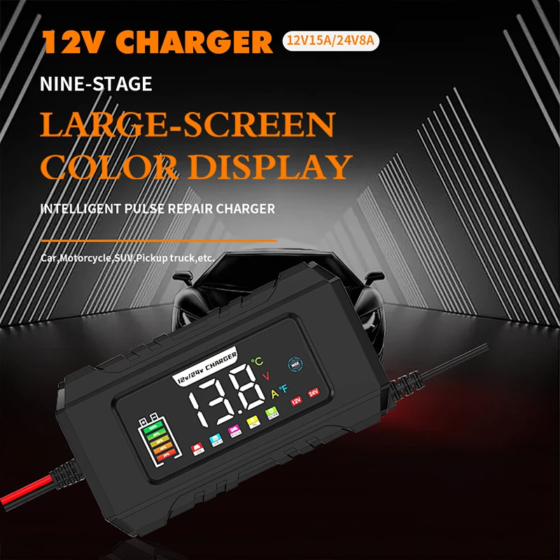 Car Battery Charger 15A 12V Automotive Motorcycle Battery Charging Device 24V 8A Lead-acid Battery Smart Repair LCD Display