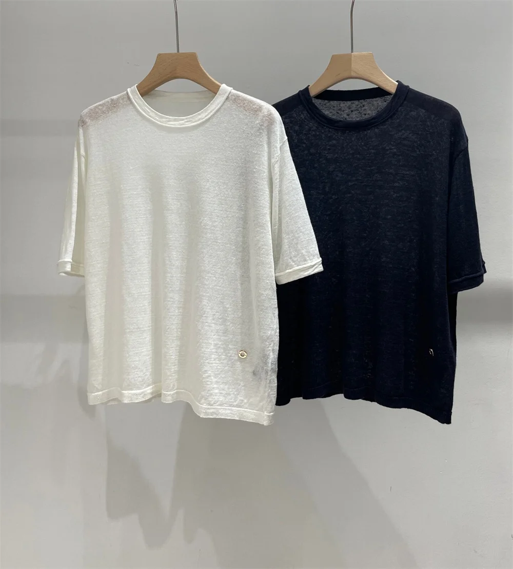

Women's Summer New Clothes Round Neck 100 Linen Short-Sleeved Sweater Loose T-Shirt Top For Women