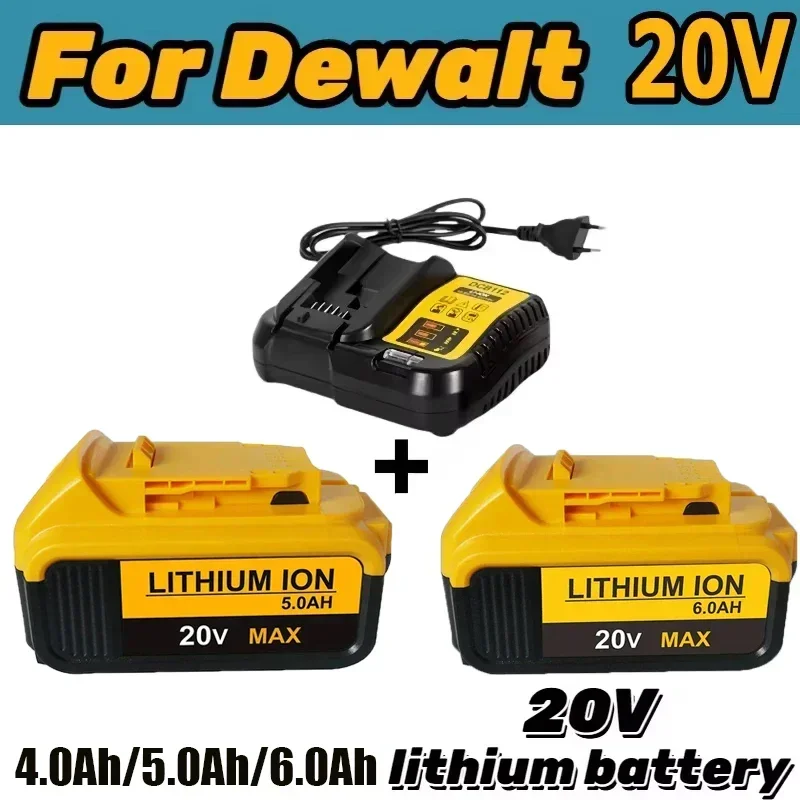 20V 4Ah 5Ah 6Ah rechargeable lithium-ion power tool battery with LED, replaceable with DeWei DCB205, DCB201, and DCB203