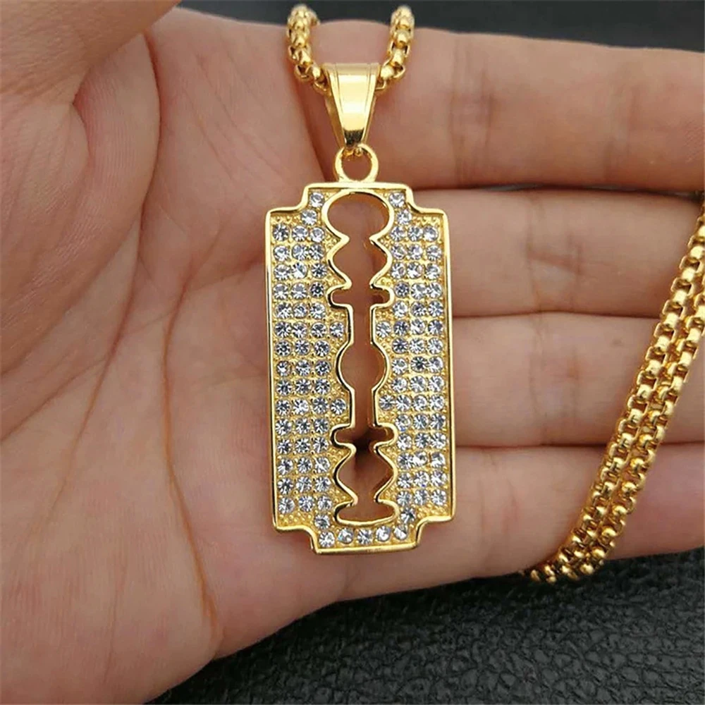 Punk Rock Razor Blade Pendant Necklaces Male Gold Color Stainless Steel Chain for Men Women Hip Hop Iced Out Bling Jewelry Gift