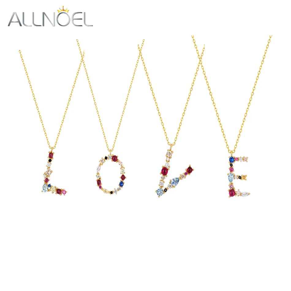 ALLNOEL 26 Alphabet Pendant Necklace Women 925 Sterling Silver Rainbow Colorful Crystal Gold Plated Fine Jewelry Engagement Gift