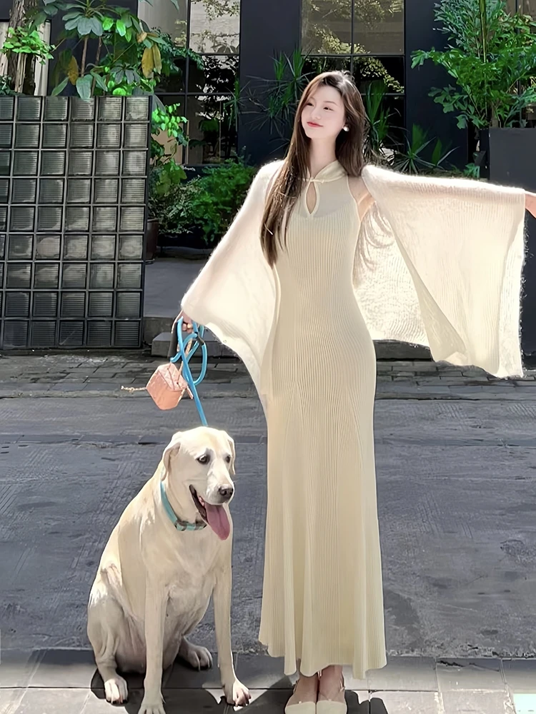 

Ele Knitted Fi Tail Qipao Dr White Birthday Par Dr Suitable for Daily Wear Autumn High-End Feeling for Women