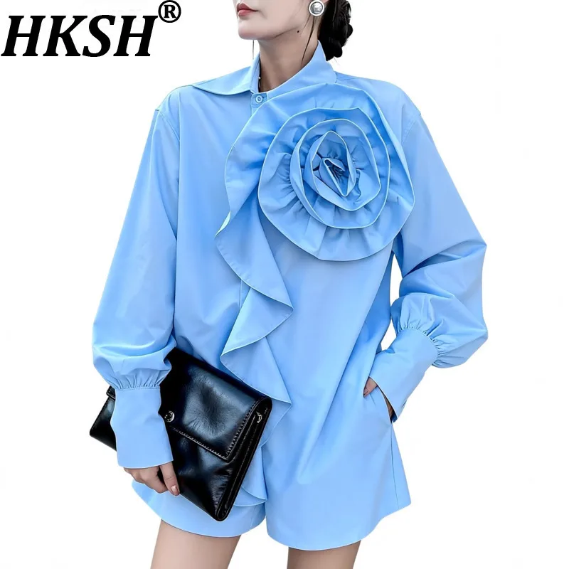 

HKSH Spring Autumn New Women's Shirt Three-Dimensional Flower Long Sleeves Single Breasted French Blouse Elegant Ins Top HK15706