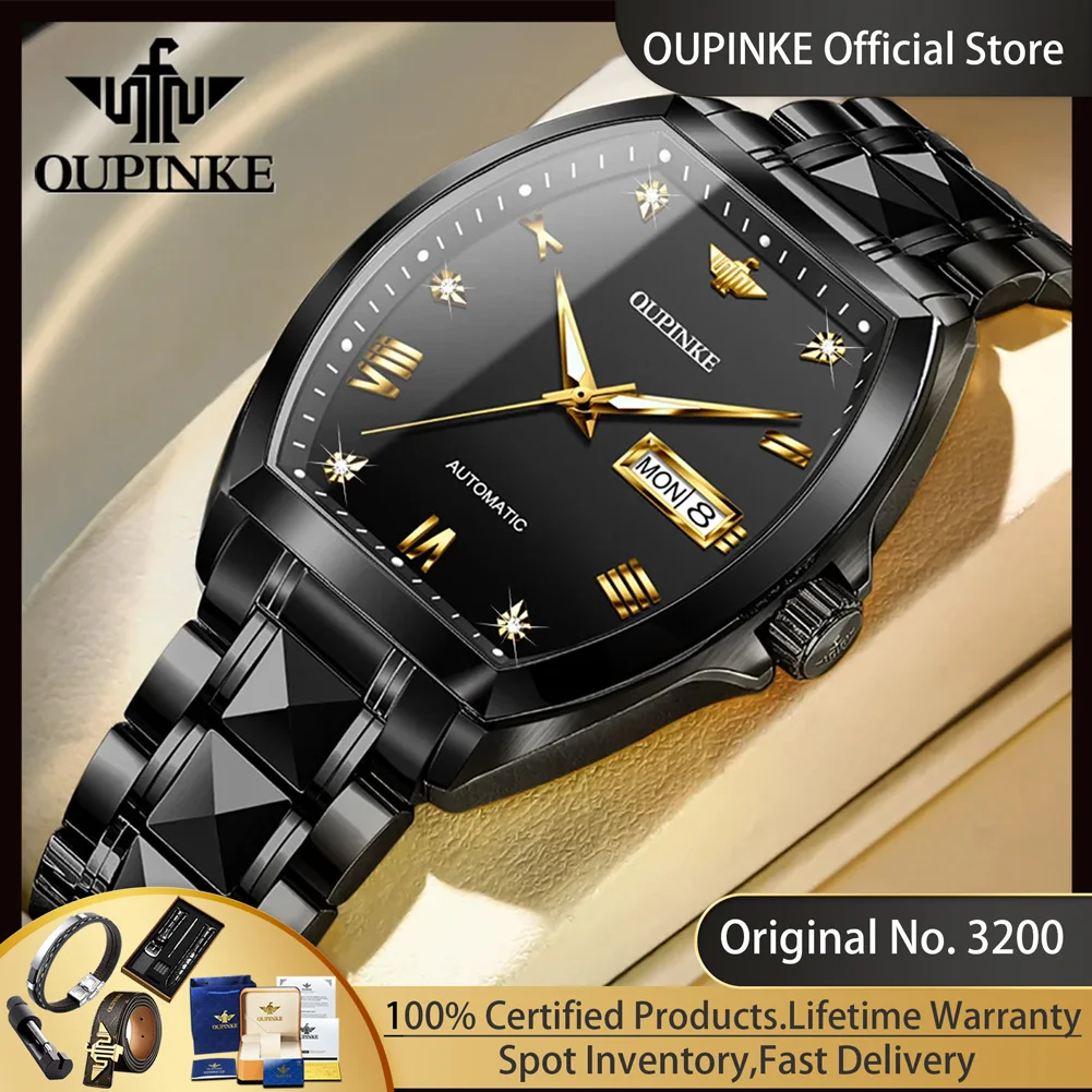 OUPINKE 3200 High Quality Automatic Watch for Men Tungsten Steel Strap Tonneau Mechanical Wristwatch Luxury Top Brand Man Watch