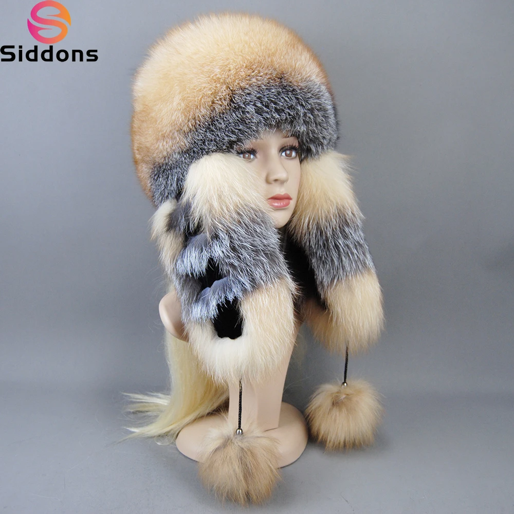 Hot Sale Lady Winter Warm Luxury 100% Natural Fox Fur Hat Fashion Fluffy Fox Fur Rex Rabbit Fur Caps Women Real Fur Bomber Hats