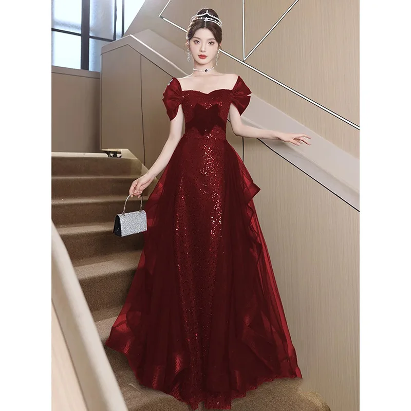 

Vintage Burgundy Prom Dress Off Shoulder Sweet Bow Sparkling Engagement Gown Elegant Mermaid Layered Cake Princess Dresses